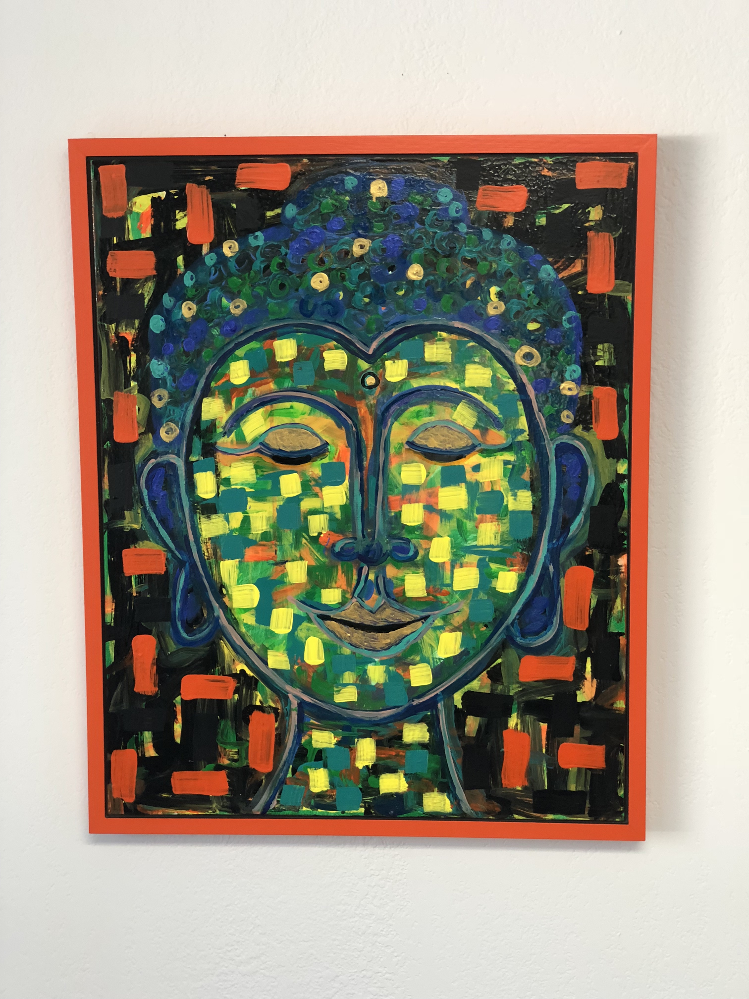 Glimmer  Acrylic on Canvas  Artwork -  24” x 30”  Overall – 25 ½” x 31 ½”  Contemporary Artist Lisa Watts is known for her colorful works featured at art festivals, shows and galleries throughout California.  This piece, Glimmer, features a Buddha style bust with splashes or electric orange, yellow, and blue.  Painted in 2017 exclusively for TooGays, it is signed on the back and mounted on canvas in a reclaimed wood frame.  Glimmer is Too likely to brighten up any space while bringing a smile to your face!
